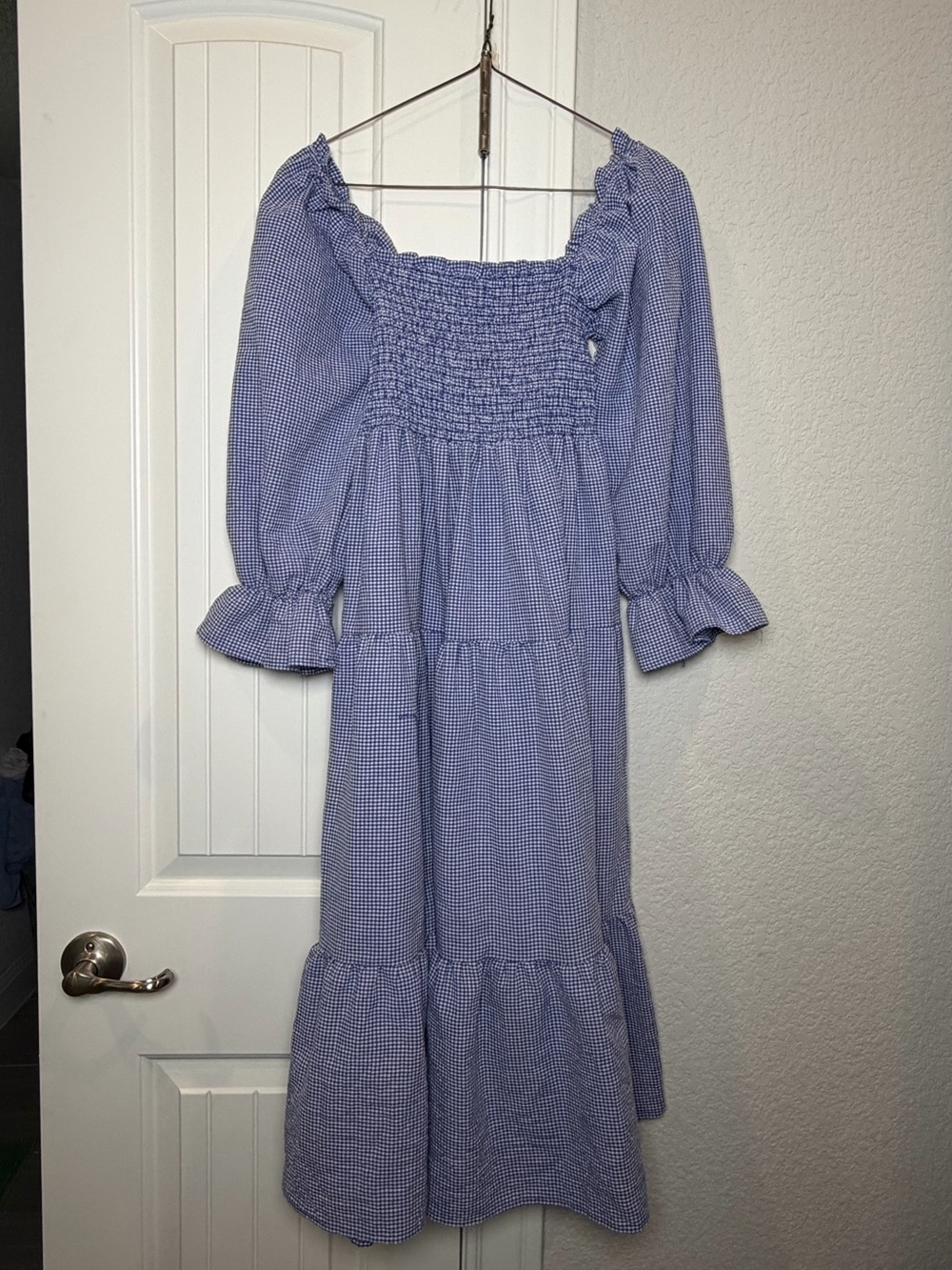 R Vivimos Smocked Square Neck Blue Gingham Midi Dress with Puff Sleeves